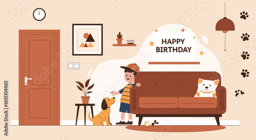 Boy With His Pets Celebrating Birthday At Home With Decor Illustrations