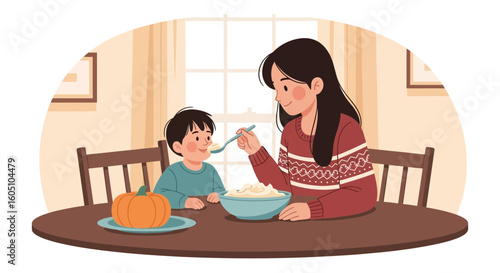 Cozy Dinner Scene Mom Feeding Son Illustration With Autumn Pumpkin Vector