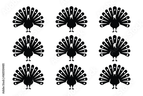 Collection of silhouetted pigeons in various poses showcasing their distinctive feather patterns and body shapes