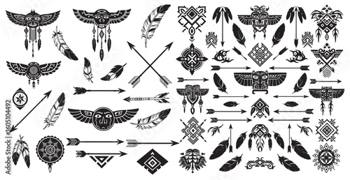 Collection of native american inspired tribal symbols feathers arrows dreamcatchers and geometric patterns in black and white
