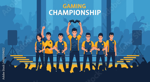 Excited Team Of Gamers Win Gaming Championship In Front Of A Crowd