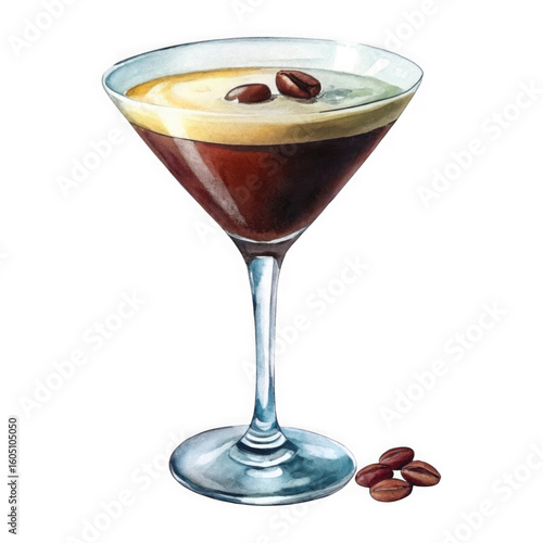 Delicious watercolor espresso martini cocktail with coffee beans and creamy foam isolated on transparent background
