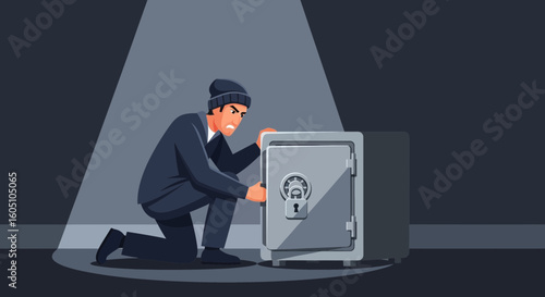 Burglar Attempts To Crack Secure Vault Door In A Spot Light At Night