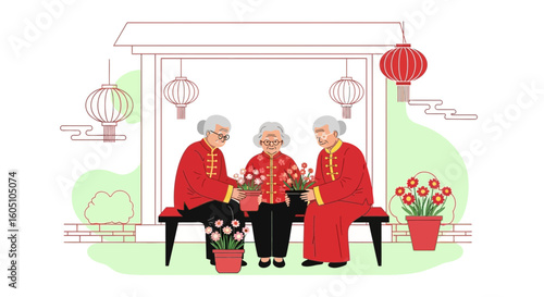 Eldery Women Arranging Flowers, Celebrating Lunar New Year Together in Harmony