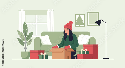 Excited Woman Opening Presents On Christmas Day In Cozy Living Room