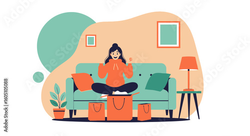 Excited Woman Receives Her Online Shopping Delivery At Home In The Living Room