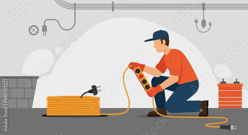 Electrician Carefully Inspects Power Strip Cable Extension Safety Checkup