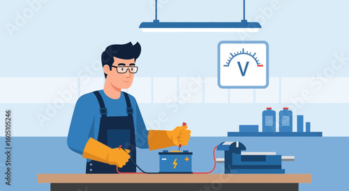 Electrician Checking Car Battery Voltage In Workshop Automotive Service And Repair