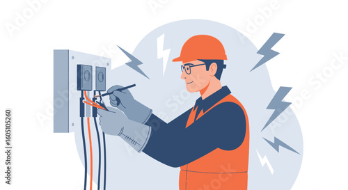 Electrician Inspecting And Repairing Electrical Panel In Protective Gear And Tools