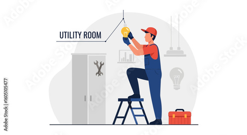 Electrician Installing Lightbulb In Utility Room For Home Improvement Project