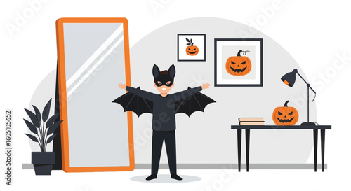 Excited Youngster Dressed In A Halloween Bat Costume For Trick Or Treat Fun