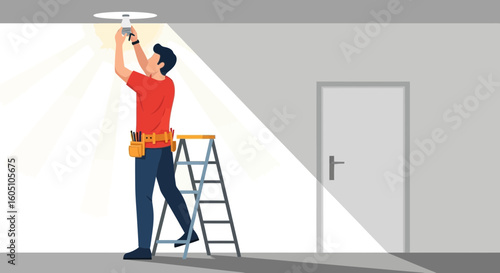 Electrician Installs A New Light Bulb On Ceiling Using Ladder Repair Service