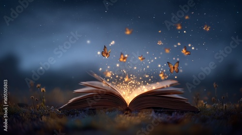 Enchanted Open Book Releasing Glowing Butterflies in a Starry Night