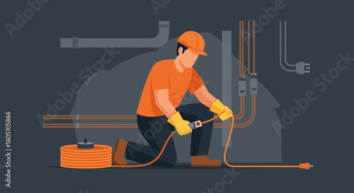 Electrician Preparing Extension Cord For Connection And Repair On Electrical Panels