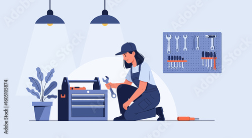 Capable Female Mechanic Inspecting Tools From Her Toolbox In Workshop