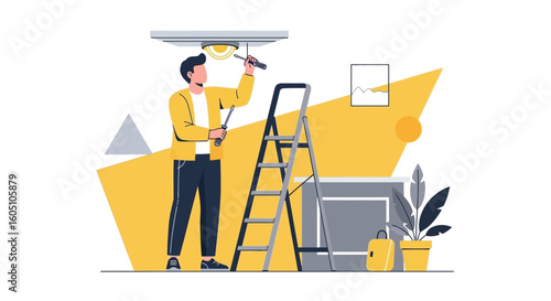 Electrician Repairing Ceiling Light Fixture On Ladder In Room Interior