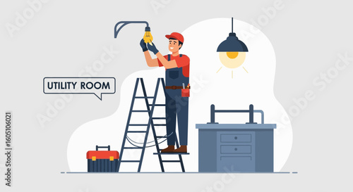Electrician Replaces Lightbulb Inside Utility Room Providing Home Maintenance