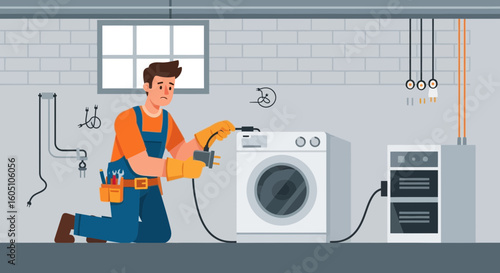Electrician Repairs Appliance In Basement With Electrical Hazard Warning Sign