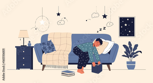 Exhausted Man Asleep On Couch Wearing Pajamas After Reading a Book