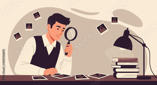 Careful Investigation Of Photo Clues With Magnifying Glass Under Desk Lamp