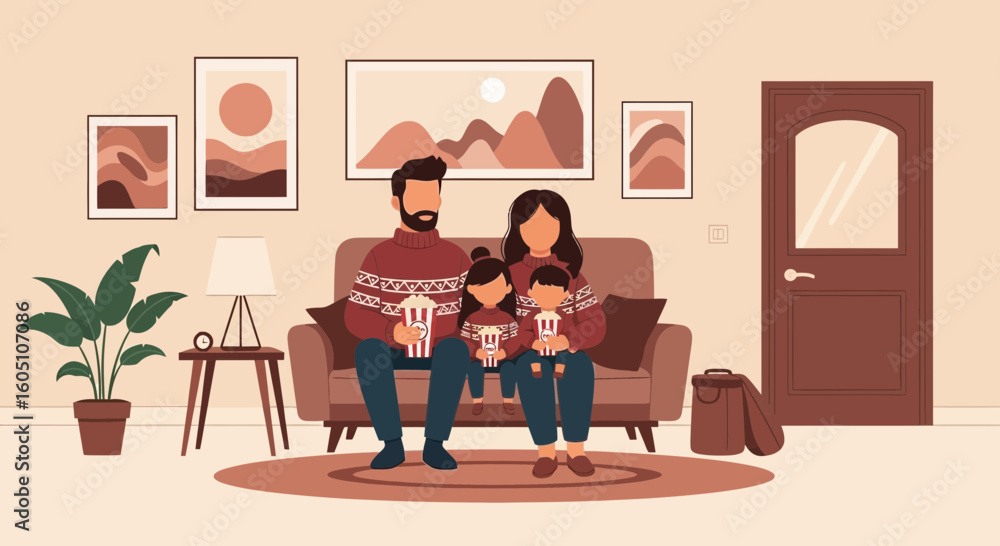 Fototapeta premium Cozy Family Night Watching Movie And Eating Popcorn Together At Home