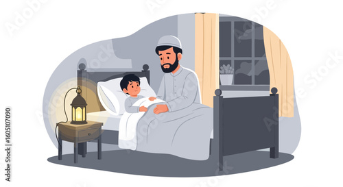 Caring Father Tucking His Son In Bed During Nighttime At Home