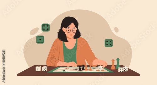 Cozy Game Night Illustration Featuring a Woman Enjoying Board Games At Home