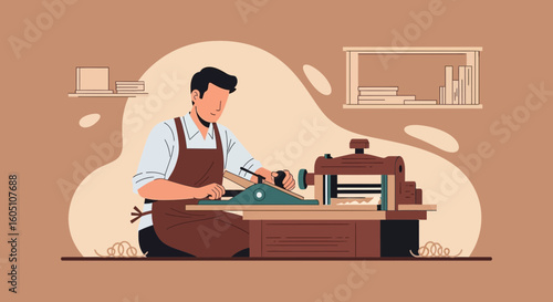 Carpenter Using A Hand Plane For Woodworking In His Workshop Illustration
