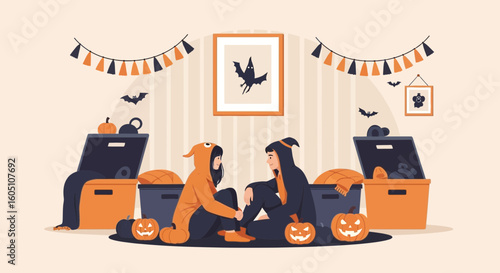 Cozy Halloween Celebration At Home With Friends Wearing Costume