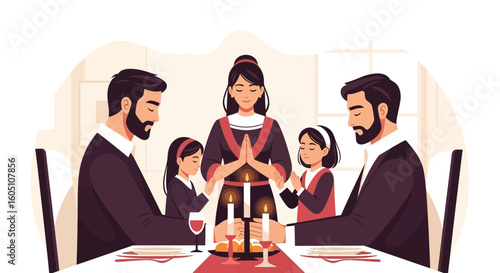 Extended Family Gathered Around Table Praying Together Before Festive Meal