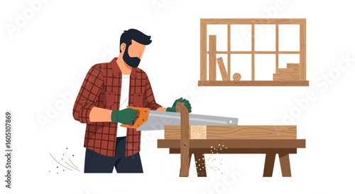Carpenter Working Diligently On Wood Construction Project In His Workshop