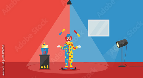Cartoon Clown Juggling Club In Circus Spotlight Performance With Happy Expression