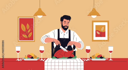 Elegant Dinner Preparation Man Carving Roasted Bird in Festive Setting