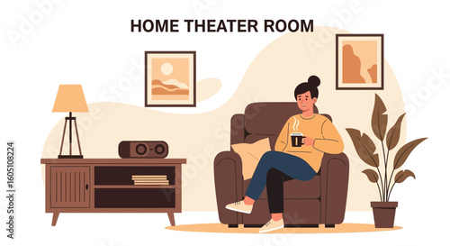 Cozy Home Relaxation With Woman Enjoying Coffee In Living Room