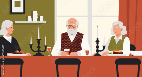 Elegant Evening Meal With Seniors Around Table Surrounded By Candelabras