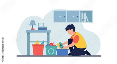 Cartoon Illustration Of A Boy Sorting Toys In His Room Using Baskets