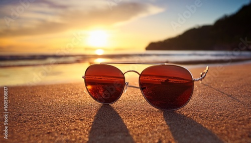 Wallpaper Mural bright sunset reflected in sunglasses placed on sandy beach during summer evening Torontodigital.ca