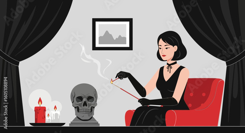 Elegant Fortune Teller Lighting Incense Surrounded By Mystic Symbols At Home
