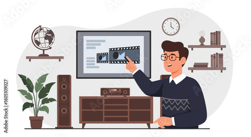 Cartoon Man Shows Video Editing Interface On Television In Cozy Living Room