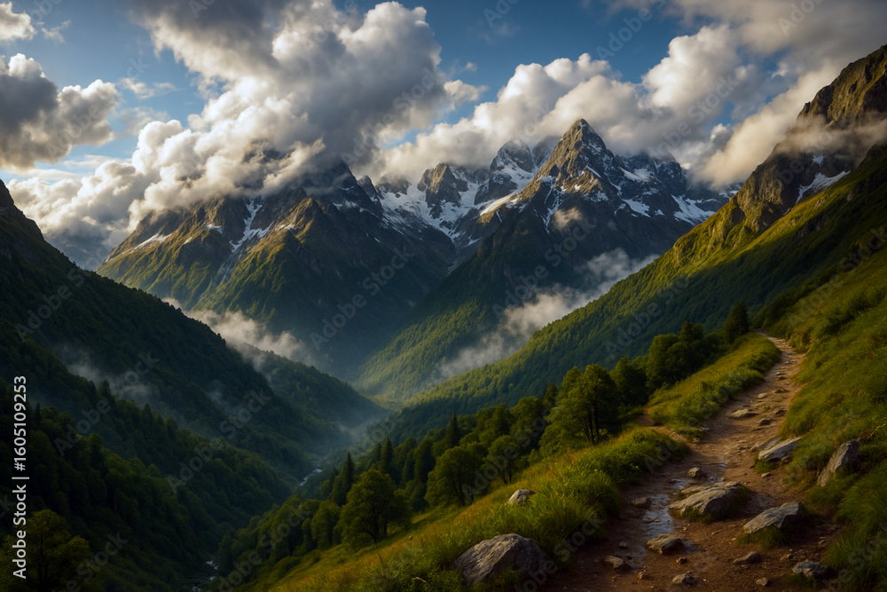 Fototapeta premium Majestic North Caucasus mountains with floating clouds, scenic gorge, and dramatic wilderness landscape