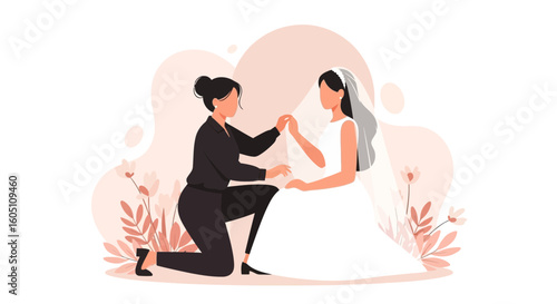 Elegant Lesbian Wedding Proposal Scene Depicting Two Women Near Foliage