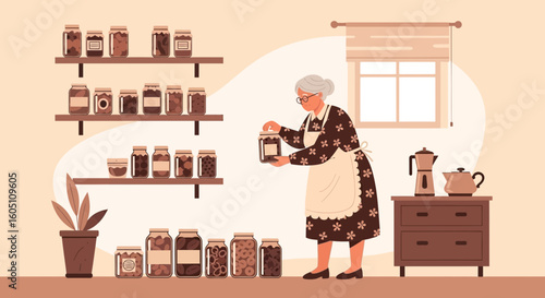 Cozy Pantry Scene With Jars Arranged On Shelves And Grandmother Preserving Food
