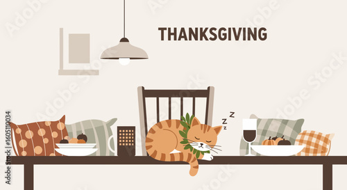 Cozy Thanksgiving Scene With Sleeping Cat And Festive Decorations Illustration