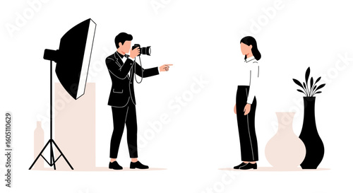 Elegant Photographer Directing Female Model In Studio Setting With Lighting