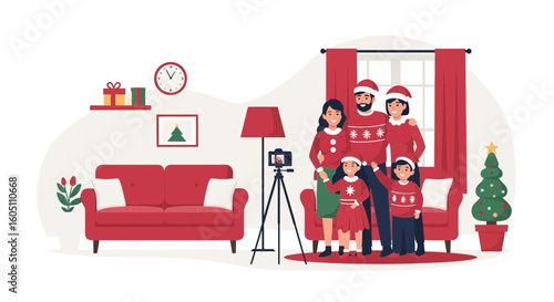 Family Celebrates The Christmas Holidays Posing For A Photograph At Home