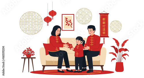 Family Celebrating Lunar New Year Giving Red Envelopes On Traditional Decor