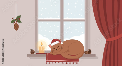 Cozy Winter Scene Cat Napping On Window Sill With Holiday Decorations