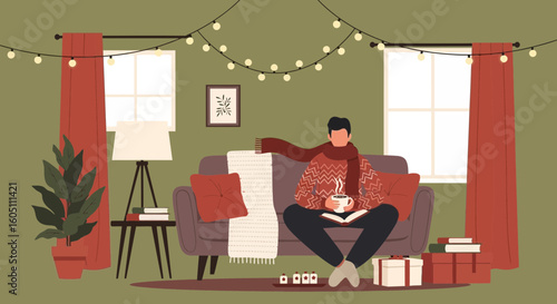 Cozy Winter Scene Featuring a Relaxing Man on Couch With Tea and Book