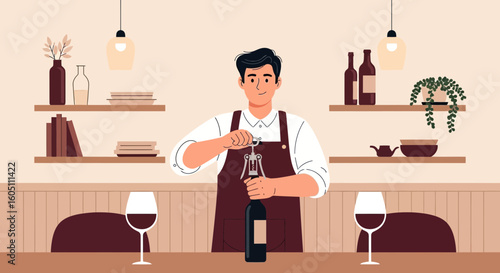 Elegant Sommelier Opening Wine Bottle at Restaurant with Refined Ambiance