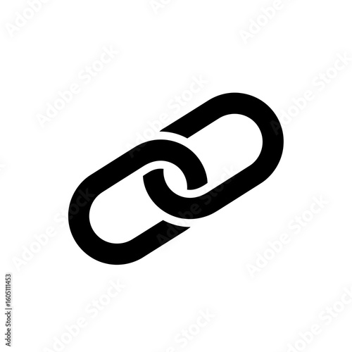 A black graphic icon of two interlocking chain links on a clean white background symbolizing connection and strength